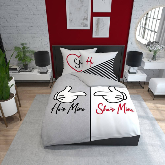 Pościel bawełniana 4103 A Holland 129 He`s Mine She`s Mine Detexpol szary/biały